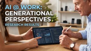 A close-up thumbnail of a younger woman and an older man collaborating on a tablet that shows an AI data dashboard. Text overlay reads "AI @ Work: Generational Perspectives - Research Results."