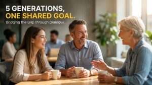 A professional and warm lifestyle photo of three diverse employees—a younger woman, a middle-aged man, and an older woman—talking and laughing over coffee in a modern office. Text overlay reads "5 Generations, One Shared Goal."